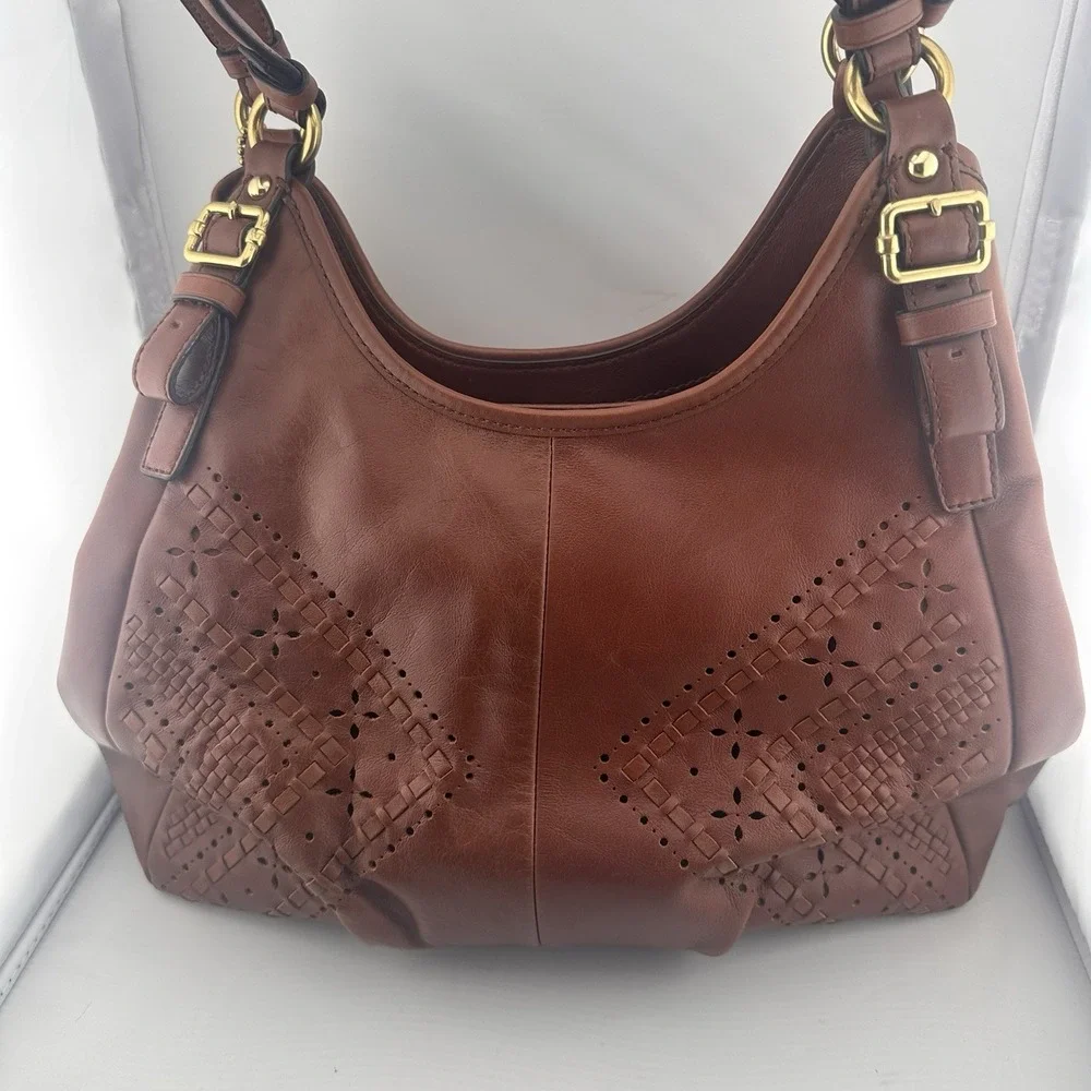 Coach Maggie Madison Criss Cross Brown Leather Shoulder Bag Purse Western Boho - Picture 3 of 10